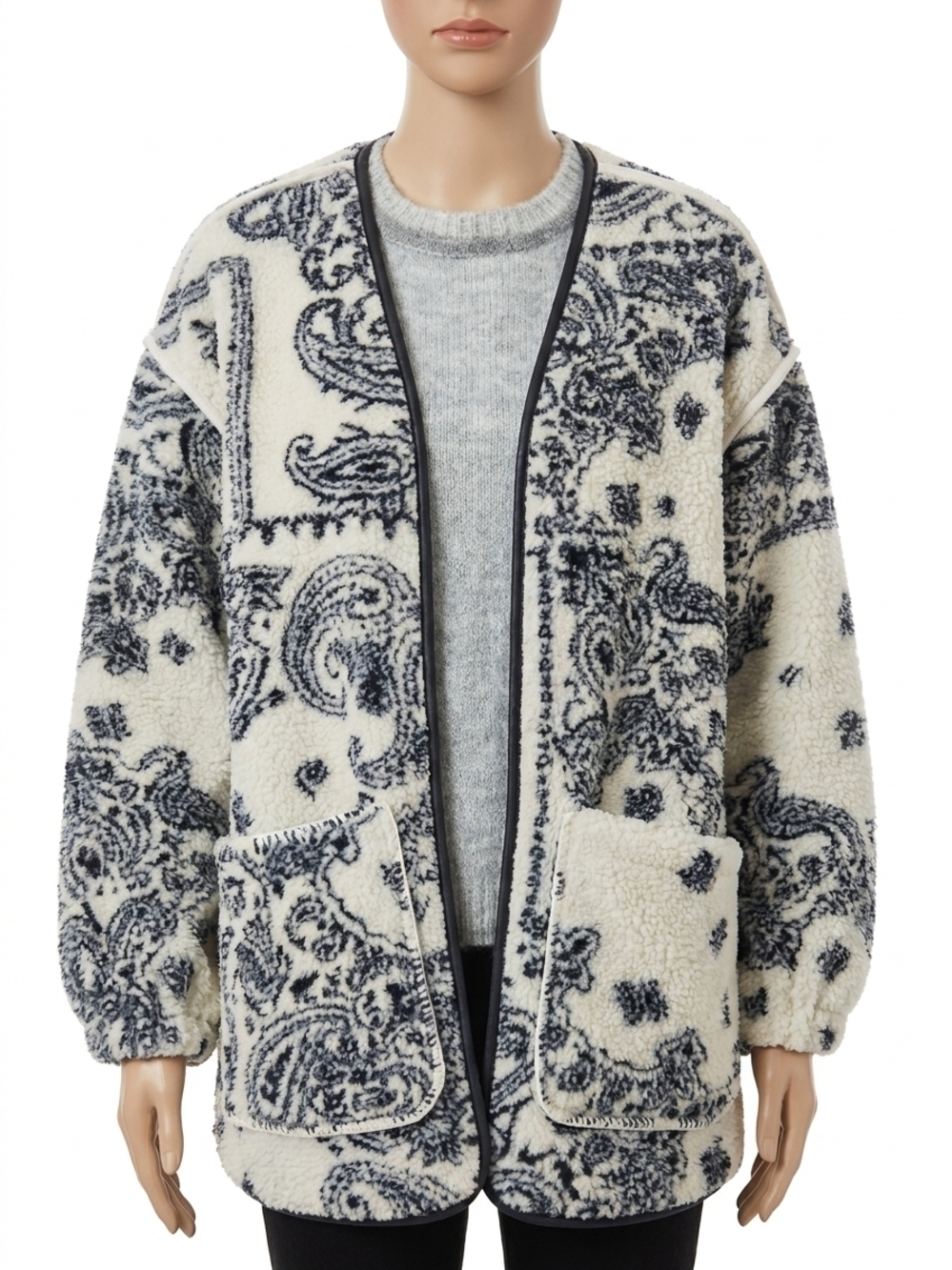 NEW BY TOGETHER fleece sherpa paisley print jacket in black, ivory